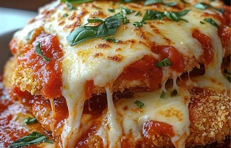 A tasty Chicken Parmesan Bake topped with melted cheese and herbs.
