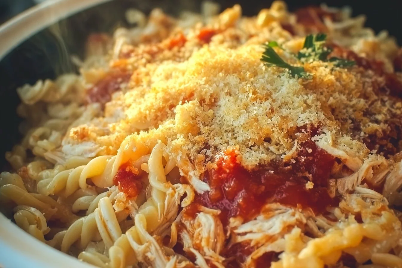Delicious Chicken Parmesan & Pasta Casserole ready to serve.