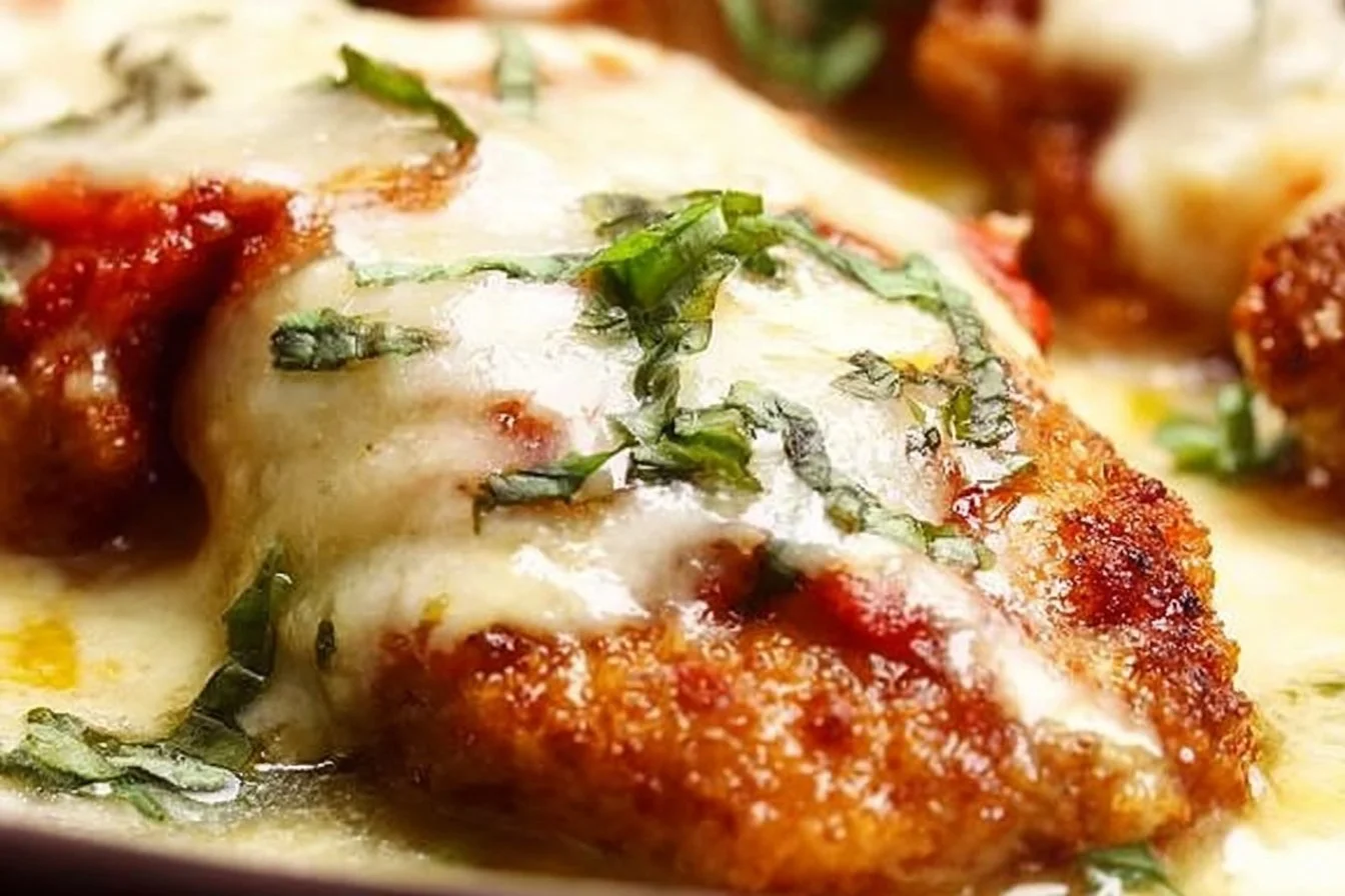 Delicious Chicken Parmigiana served with marinara sauce and melted cheese