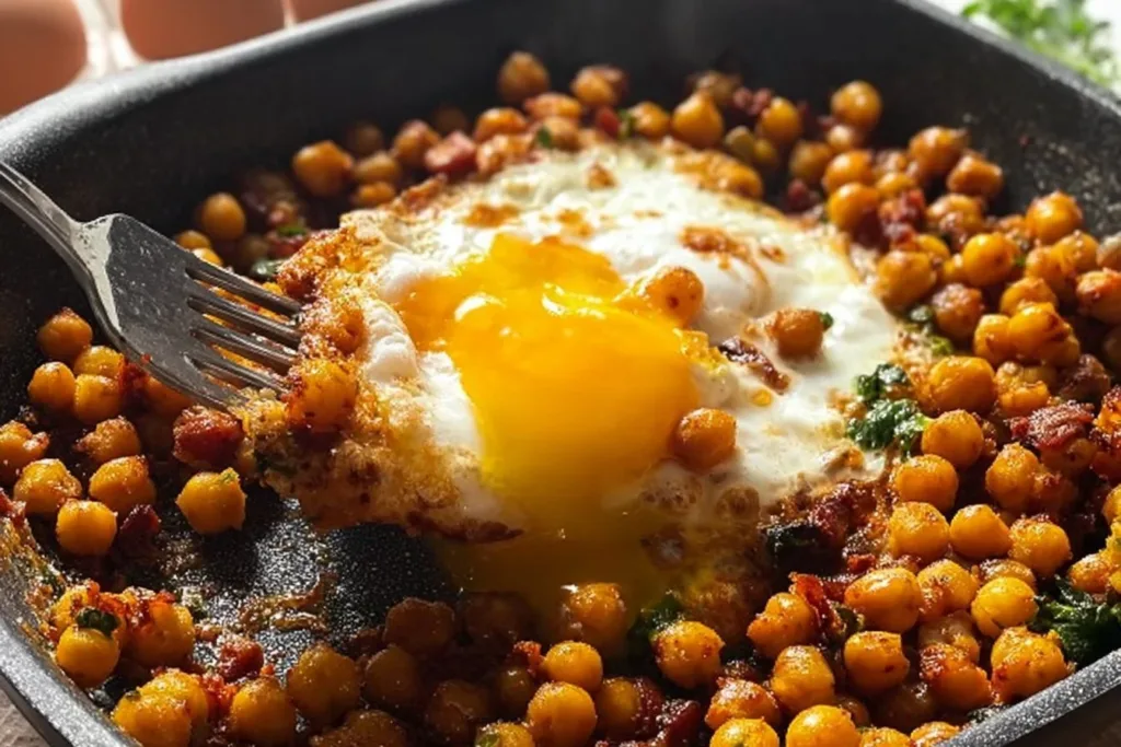 Plate of chickpea fried eggs garnished with herbs and spices