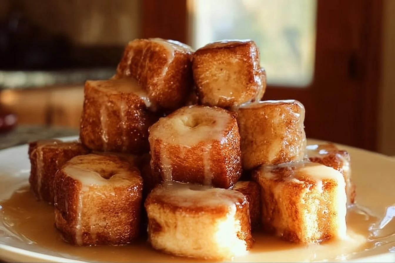 Cinnamon roll French toast bites served on a plate with syrup and berries