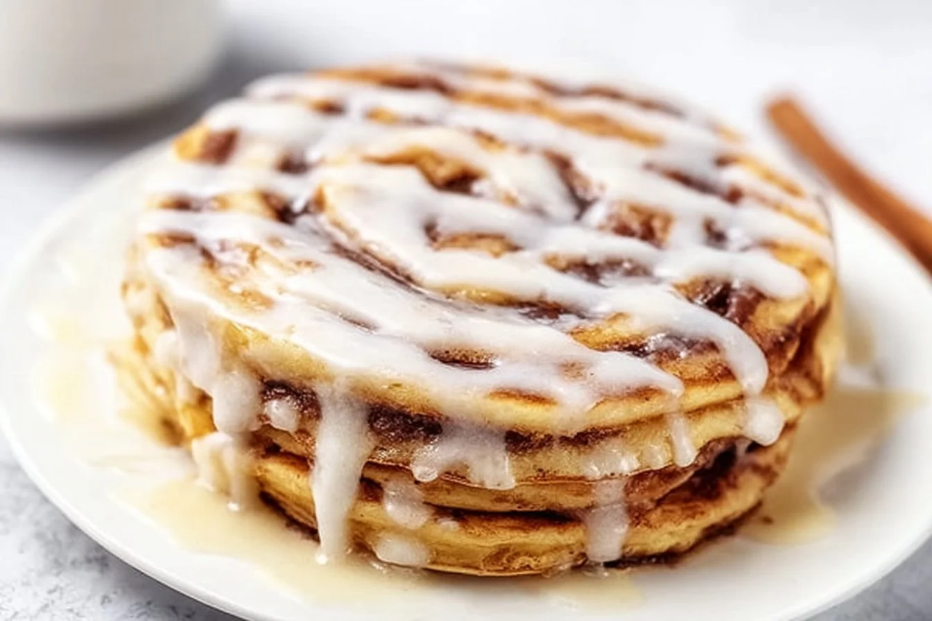 Cinnamon Roll Pancakes with Cream Cheese Glaze 4 Fluffy cinnamon roll pancakes topped with cream cheese glaze