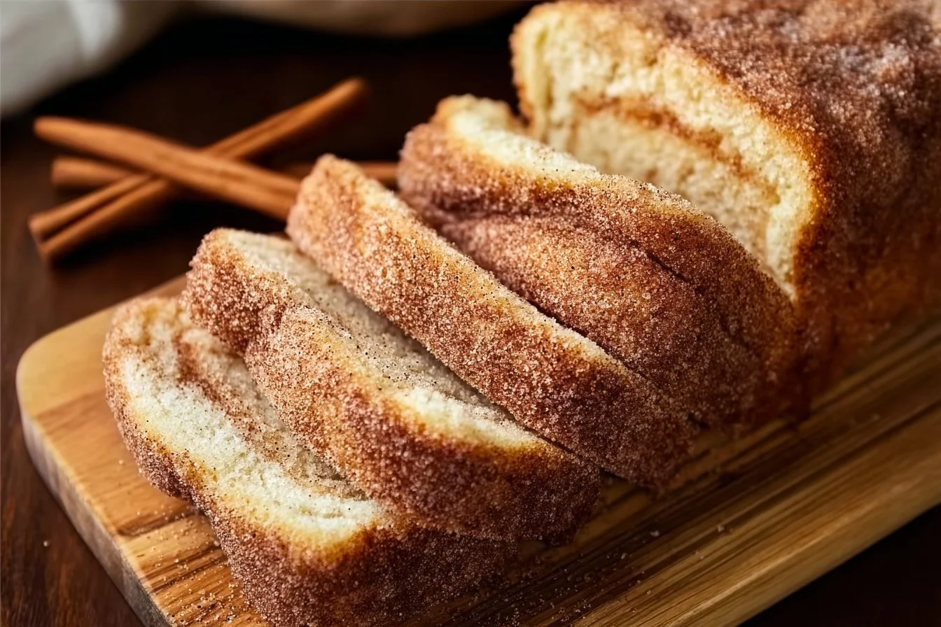 Cinnamon Sugar Donut Bread 4 Sliced cinnamon sugar donut bread on a plate, showcasing its fluffy texture and sugary topping.