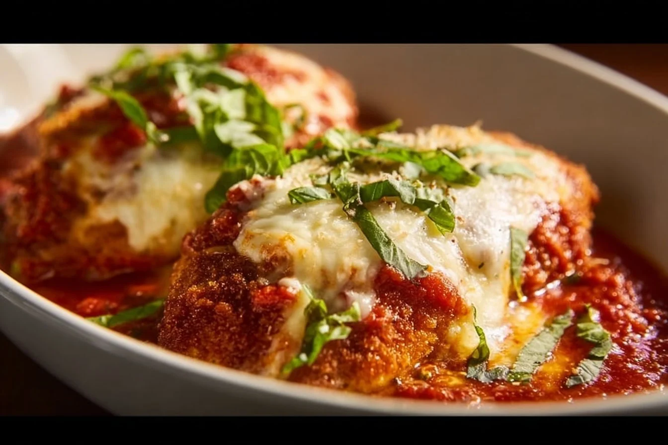 Classic Chicken Parmesan with crispy chicken and rich marinara sauce.