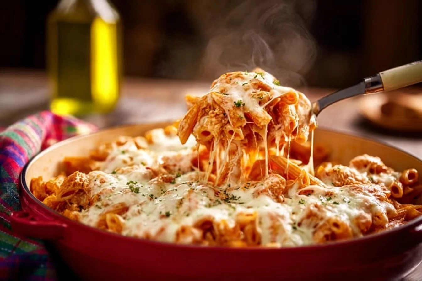 Delicious plate of Classic Chicken Parmesan Pasta with marinara sauce and melted cheese