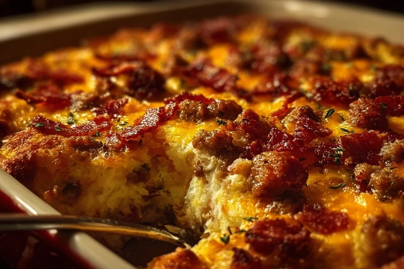 Delicious Crack Breakfast Casserole served on a plate with fresh herbs