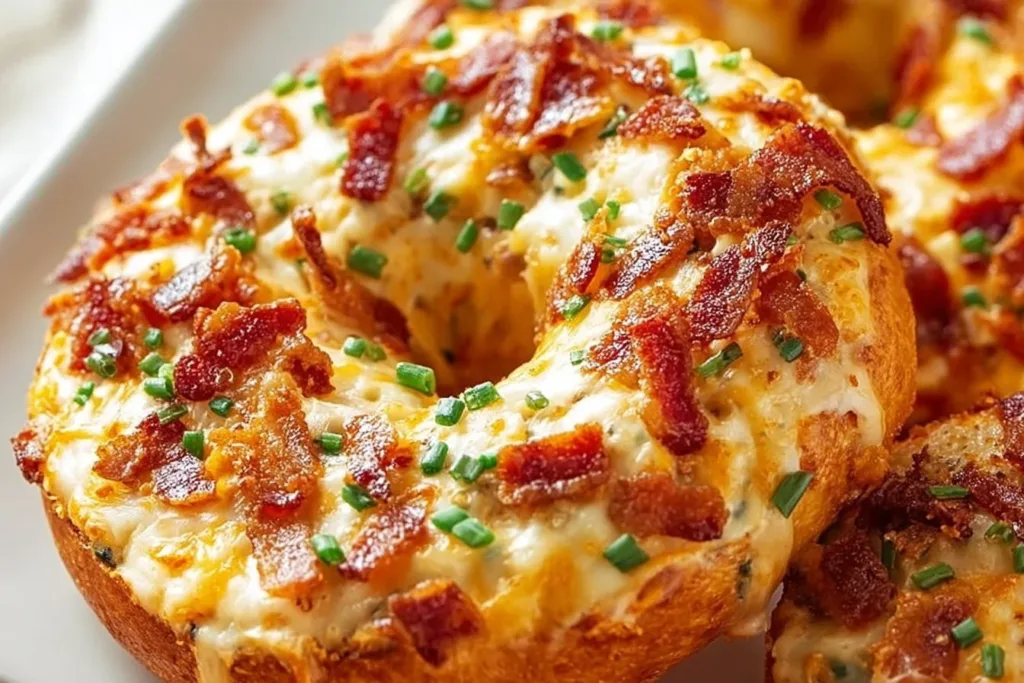 Delicious creamy bacon cheddar bagels topped with melted cheese and crispy bacon.