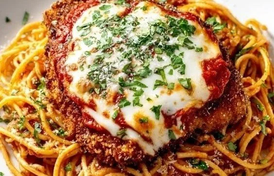 Delicious creamy chicken parmesan served with pasta and fresh herbs