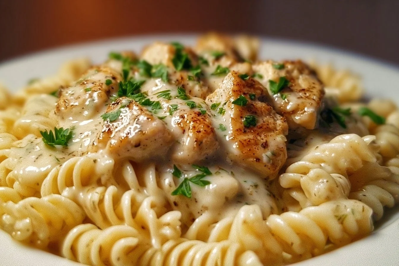 Creamy garlic butter chicken served with rotini in Parmesan sauce
