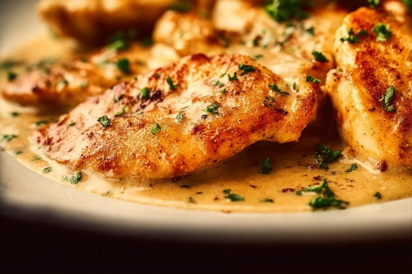 Delicious creamy garlic parmesan chicken served on a plate with herbs.