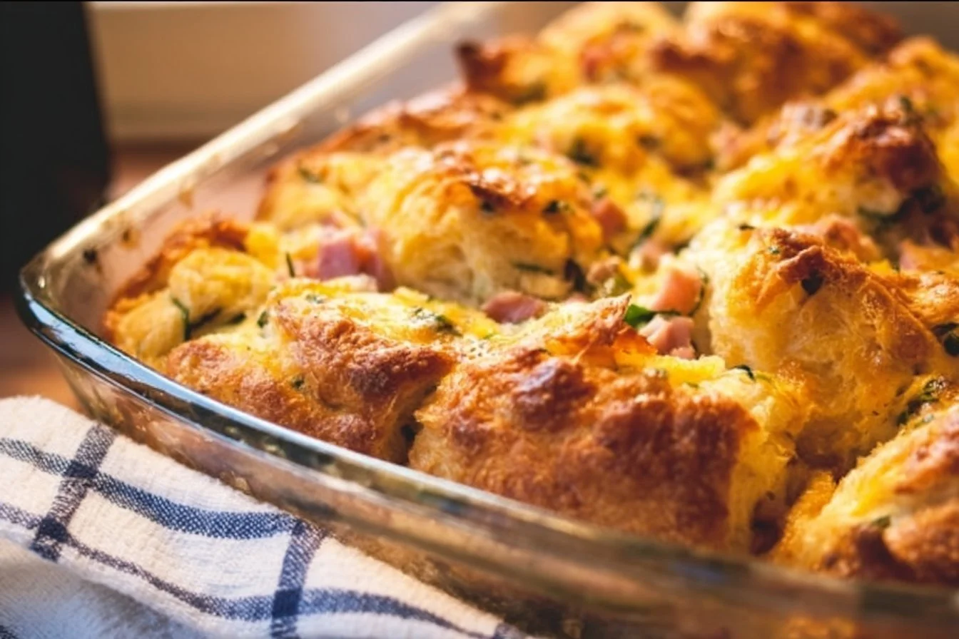 Delicious Crescent Roll Breakfast Casserole fresh out of the oven.
