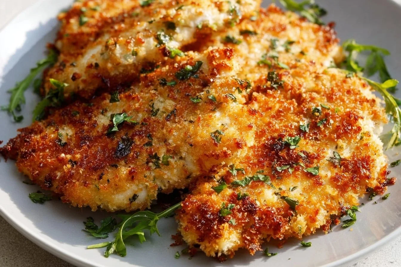 Crispy Air Fryer Parmesan Chicken served with herbs and sides