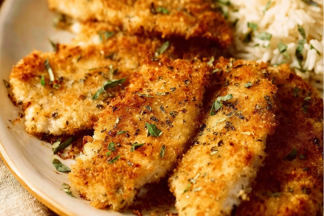 Crispy baked chicken breasts plated and garnished with herbs