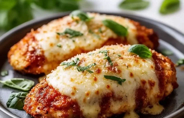 Plate of crispy baked chicken parmesan garnished with parsley and cheese