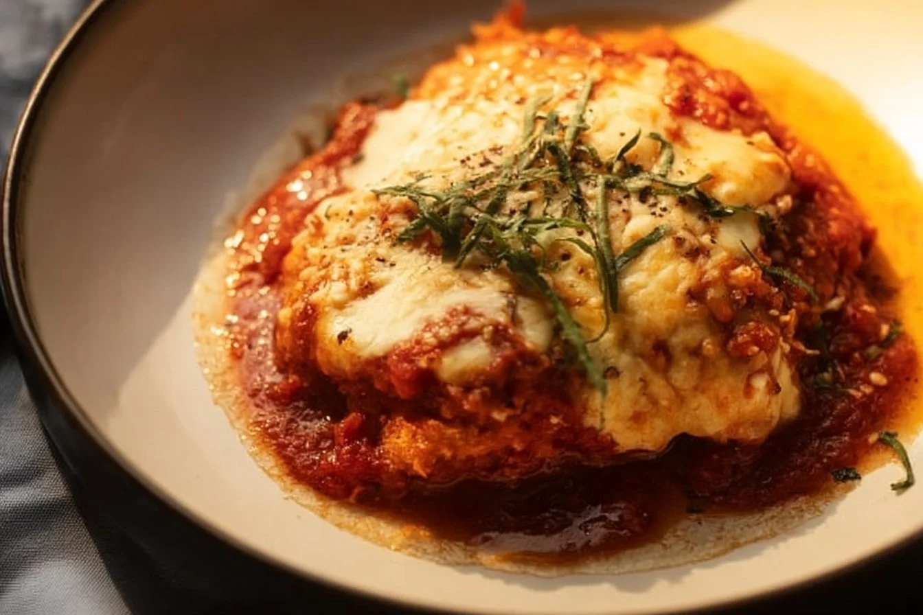 Crispy Baked Chicken with Marinara and Mozzarella 4 Crispy baked chicken with marinara sauce and melted mozzarella cheese on top.