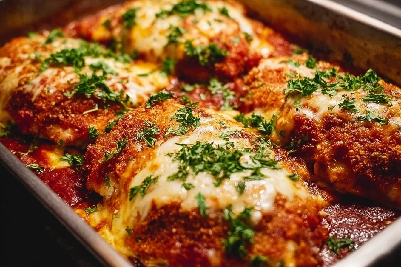 Crispy Chicken Parmesan with marinara sauce and melted cheese