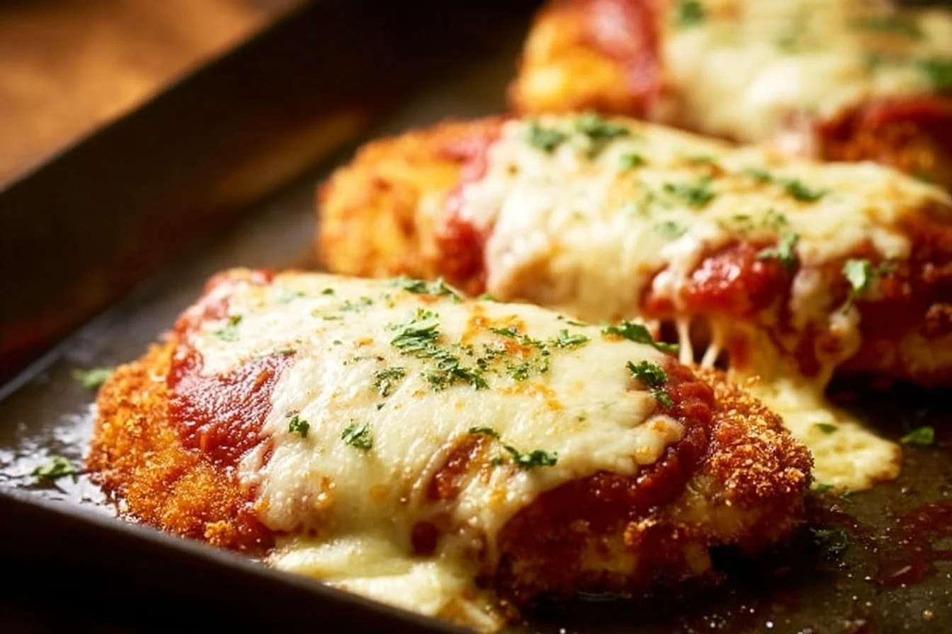 Crispy Chicken Parmesan 4 Plate of crispy chicken parmesan with marinara sauce and melted cheese