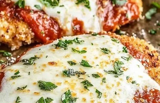 Plate of crispy chicken parmesan topped with marinara sauce and melted cheese