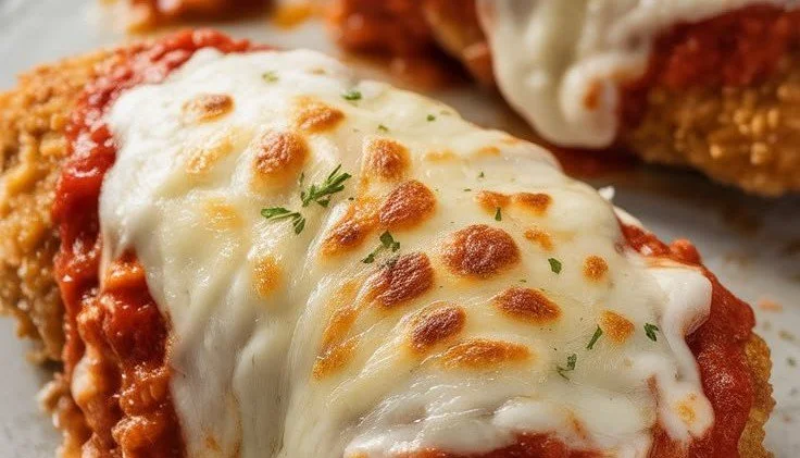 Crispy chicken parmesan served with marinara sauce and garnished with parsley.