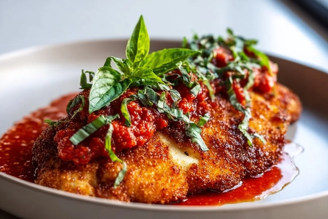 Crispy Chicken Parmesan 5 Plate of crispy chicken parmesan served with marinara sauce and melted cheese