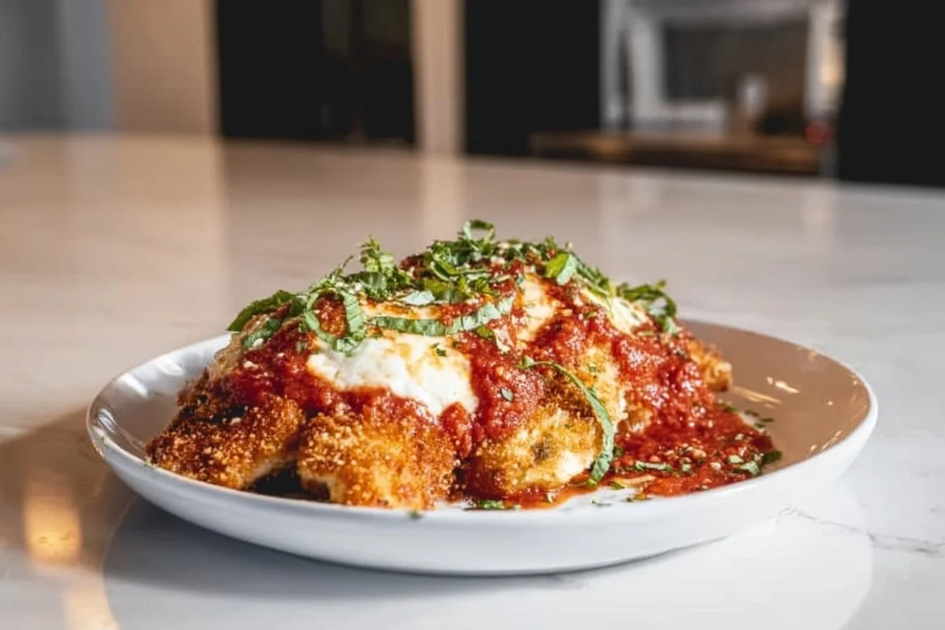 Crispy Chicken Parmesan 4 Crispy chicken parmesan served with marinara sauce and melted cheese