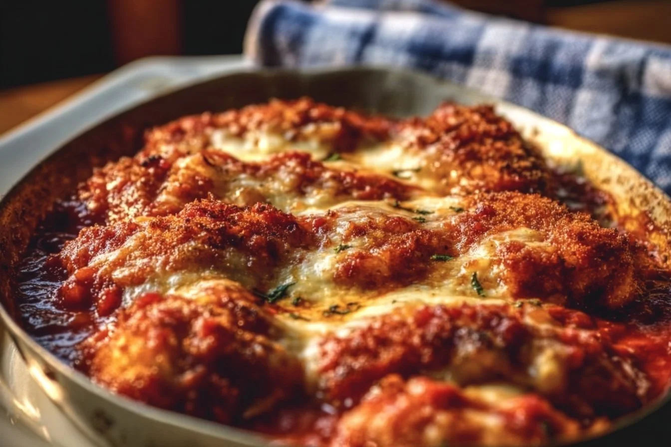 Crispy Chicken Parmesan Casserole 4 Delicious Crispy Chicken Parmesan Casserole served in a baking dish