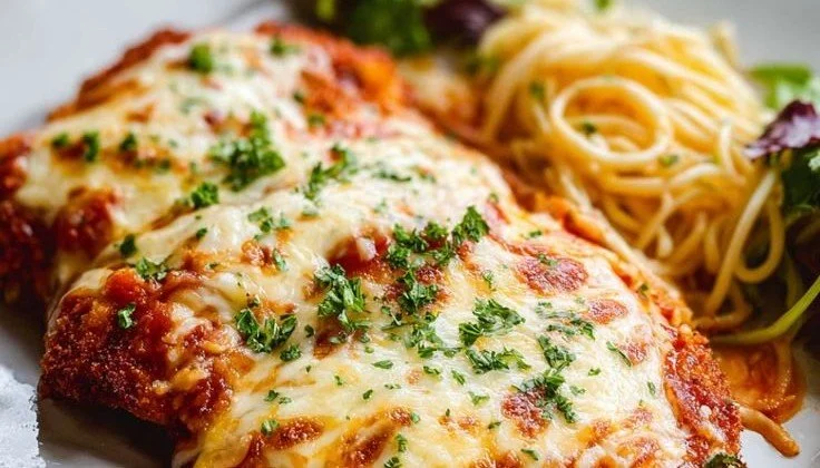 Crispy Chicken Parmigiana with marinara sauce and melted cheese