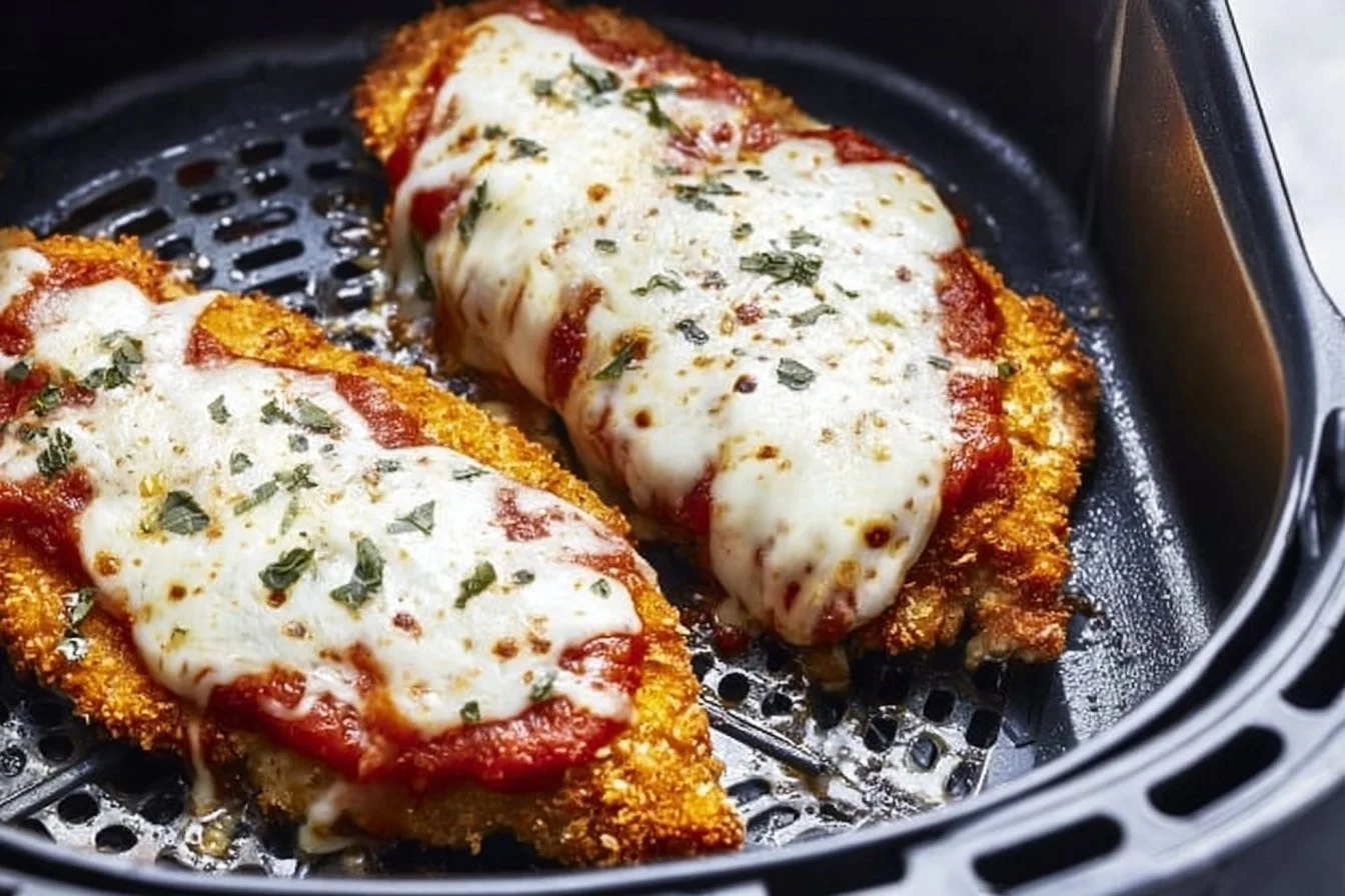 Crispy Healthy Chicken Parmesan 4 Crispy Healthy Chicken Parmesan plated with fresh herbs and a side salad