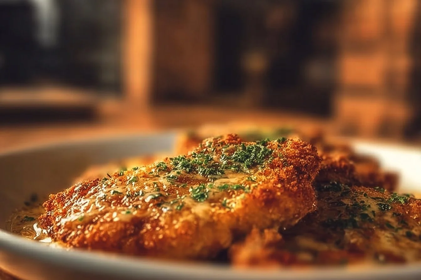 Crispy Parmesan Chicken 4 Crispy Parmesan Chicken served with a side of vegetables and garnish.