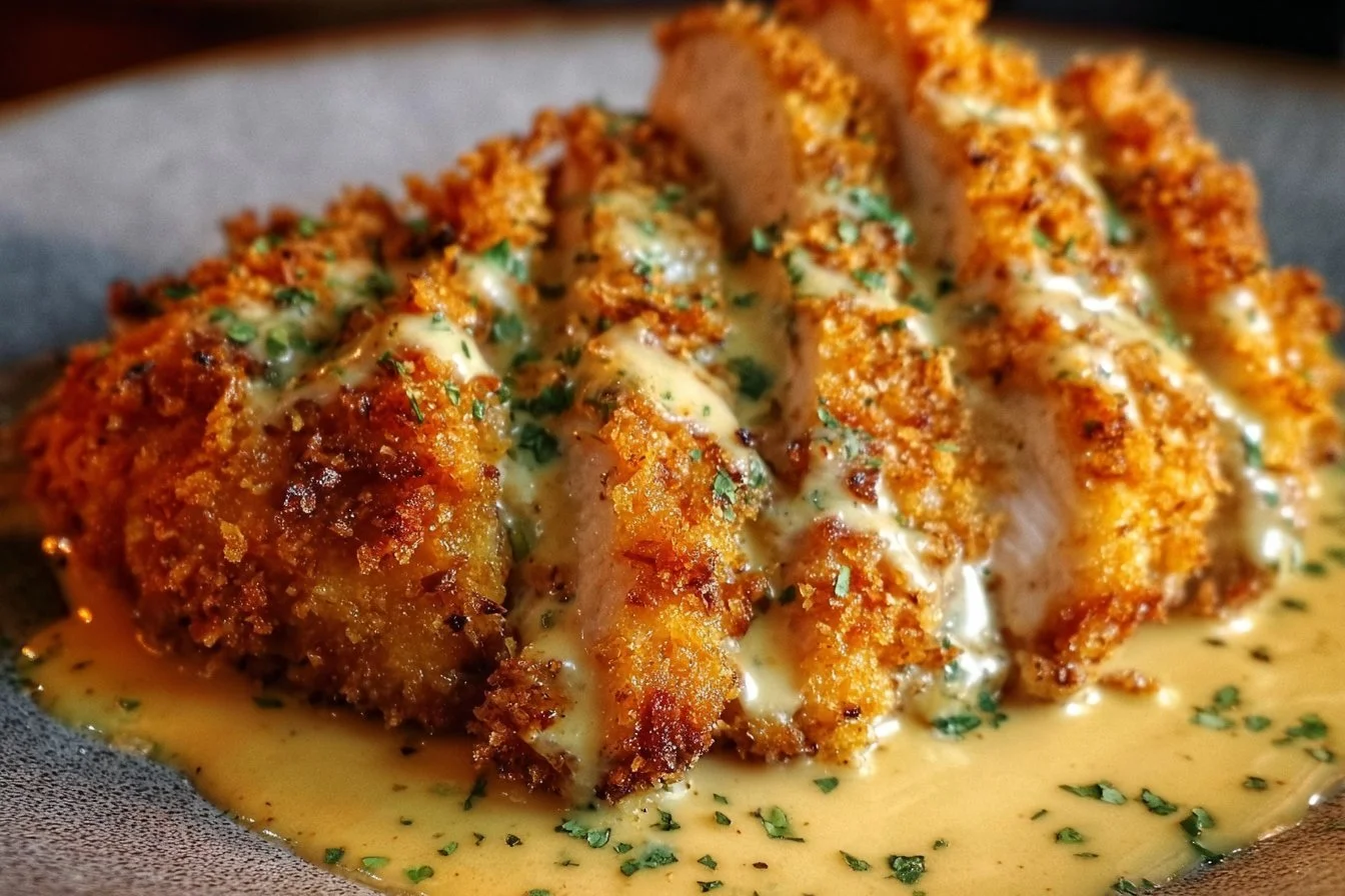 Crispy Parmesan Chicken served with creamy garlic sauce on a plate