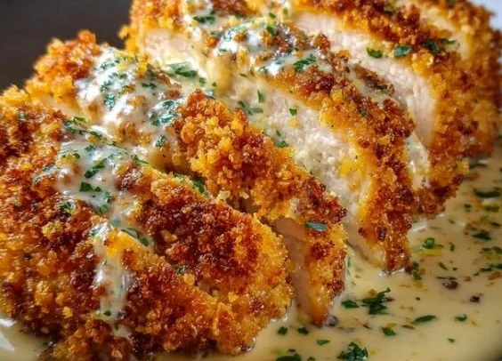 Crispy Parmesan Chicken with Creamy Garlic Sauce