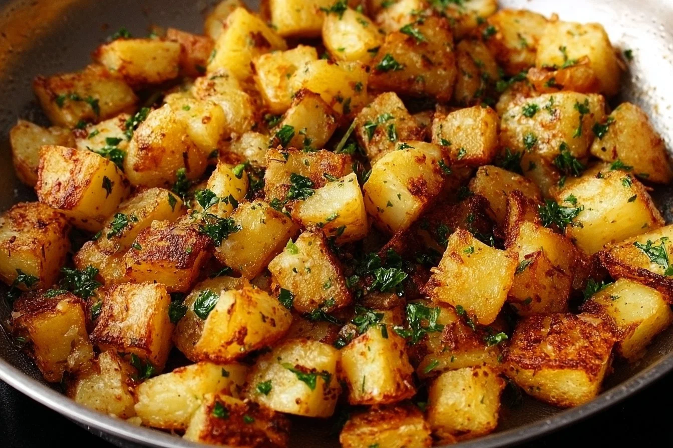 Crispy skillet breakfast potatoes golden brown and perfectly cooked in a pan