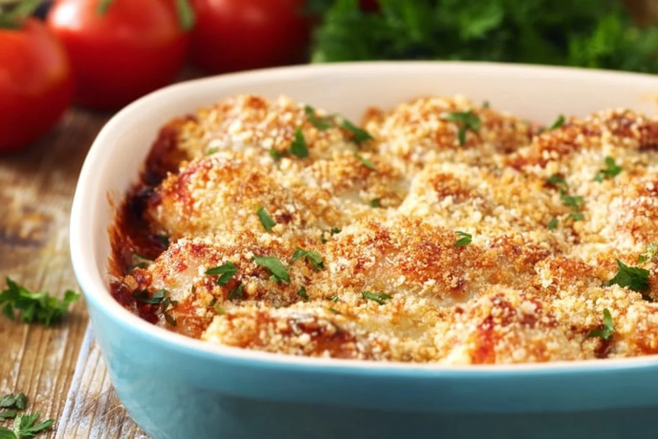 Delicious dump and bake chicken parmesan topped with cheese and marinara sauce.