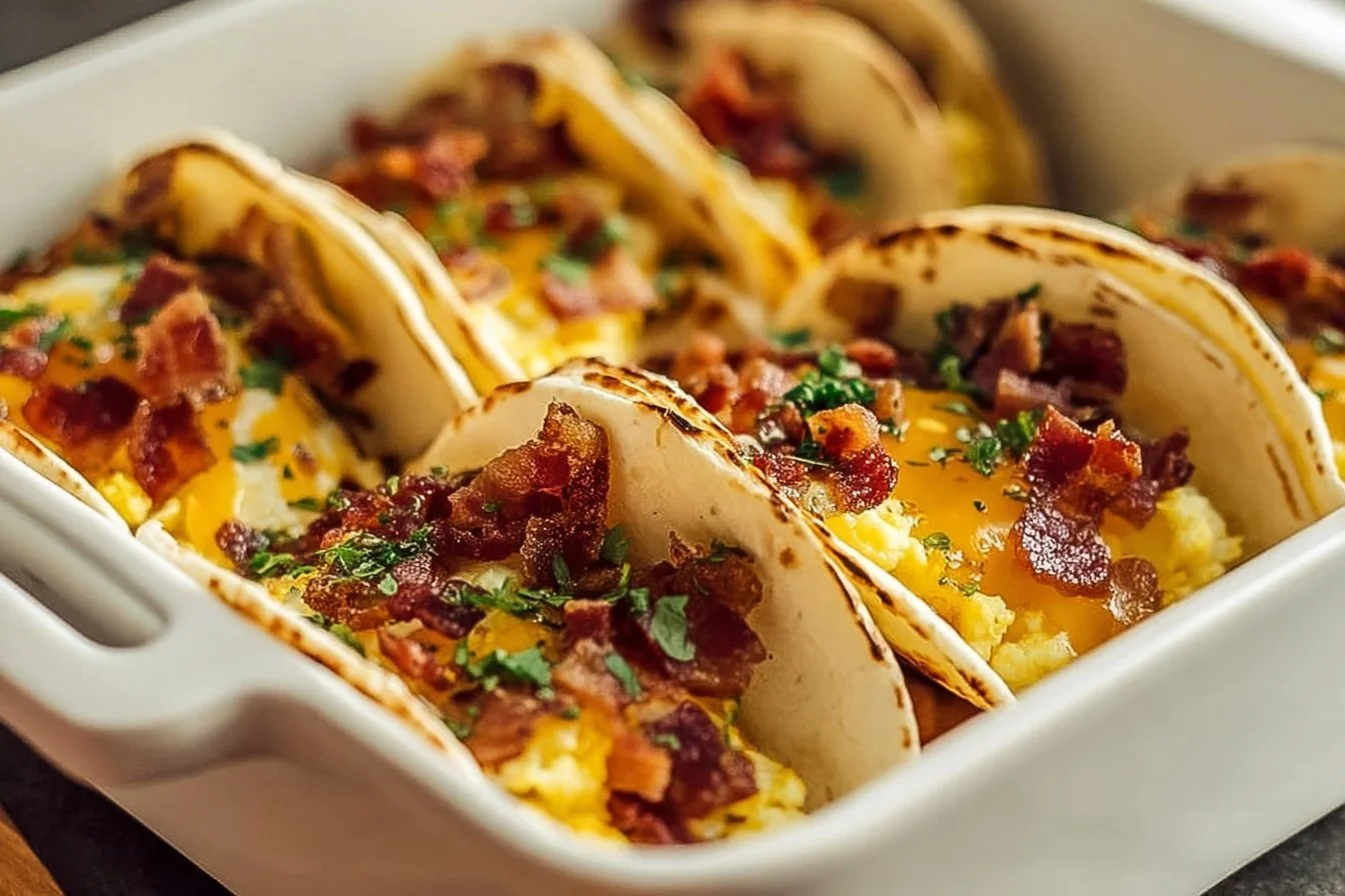 Easy Baked Breakfast Tacos 4 Delicious easy baked breakfast tacos served on a plate.