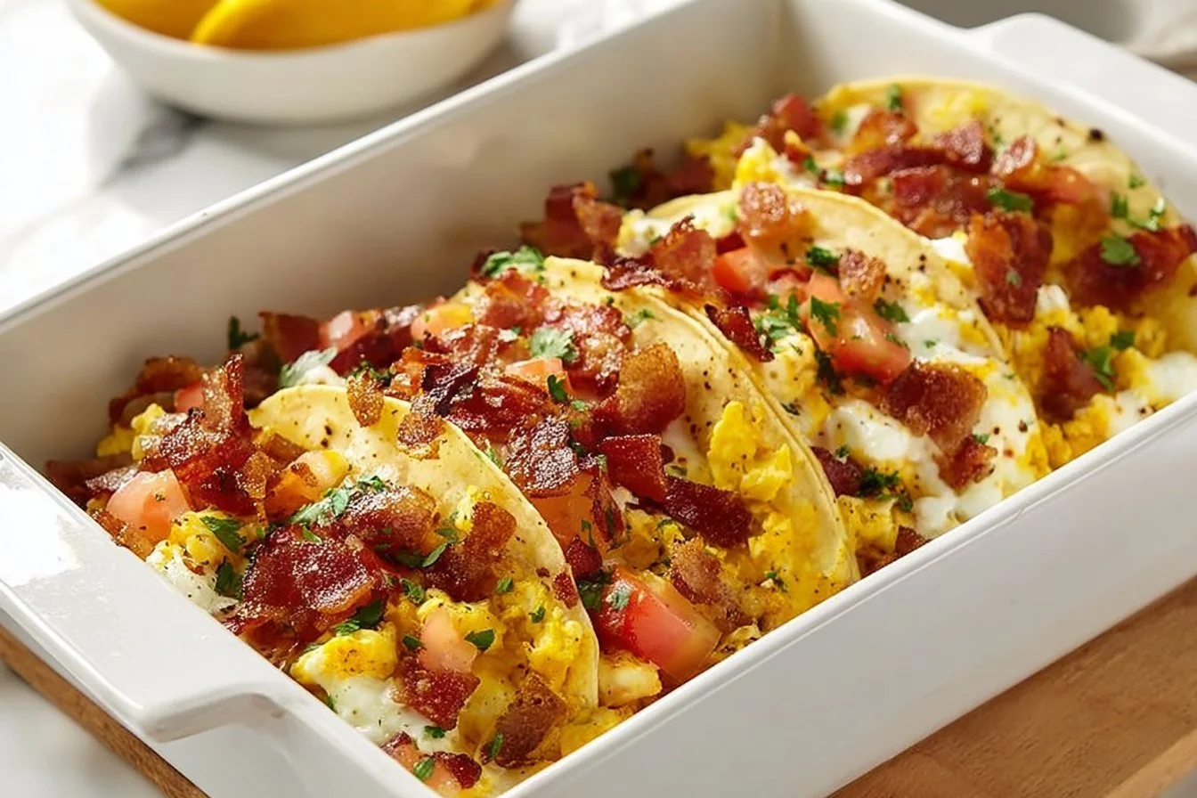 Easy Baked Breakfast Tacos 4 Easy baked breakfast tacos on a white plate with toppings