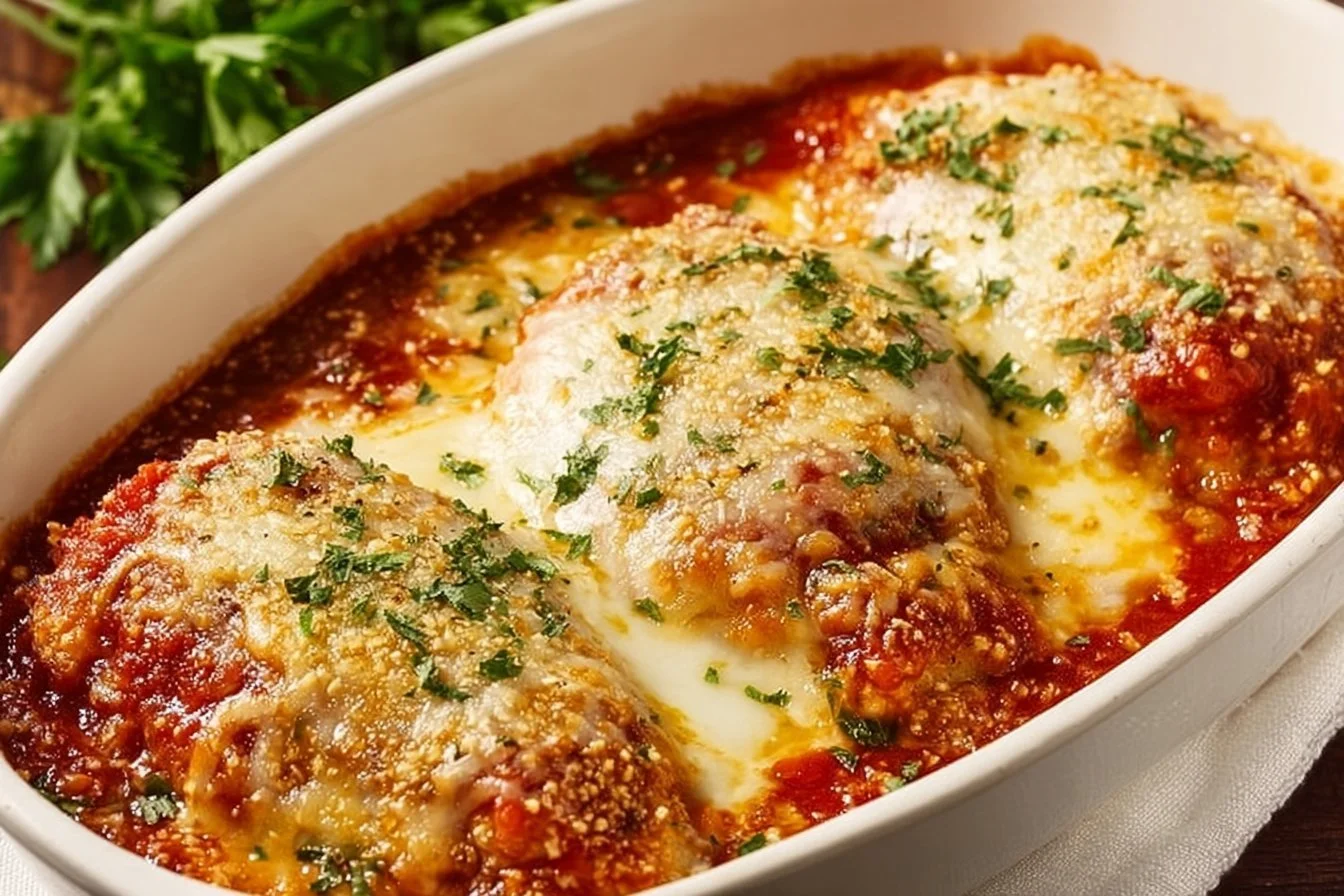 Plate of easy baked chicken parmesan with melted cheese and marinara sauce