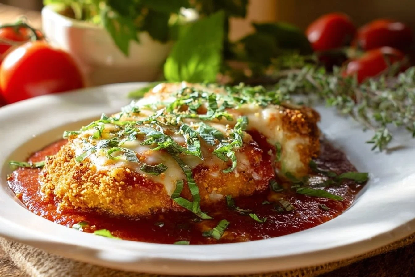 Easy Baked Chicken Parmesan 5 Delicious Easy Baked Chicken Parmesan served with a side of pasta and fresh herbs.