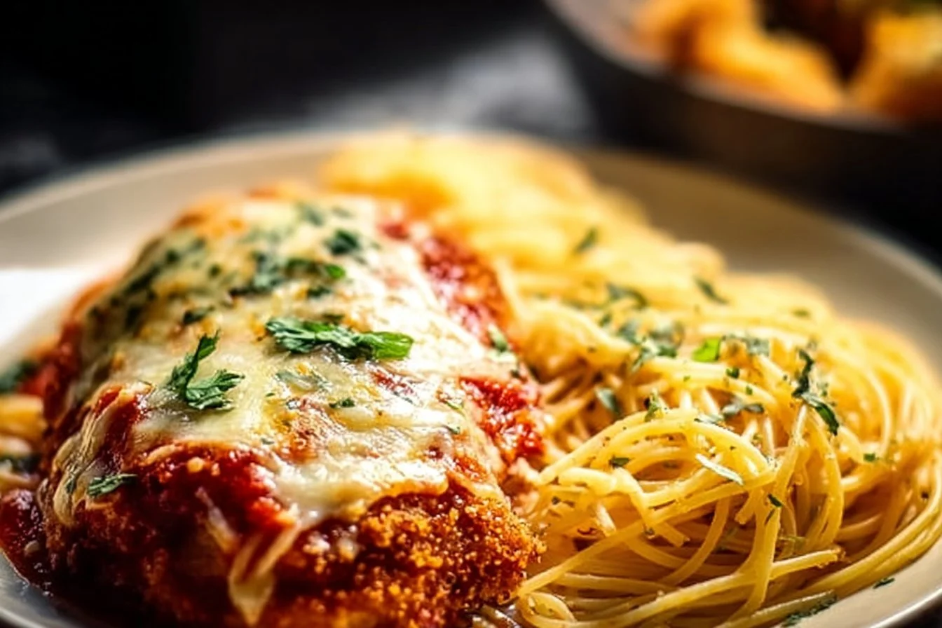 Delicious easy baked chicken parmesan served with pasta and marinara sauce