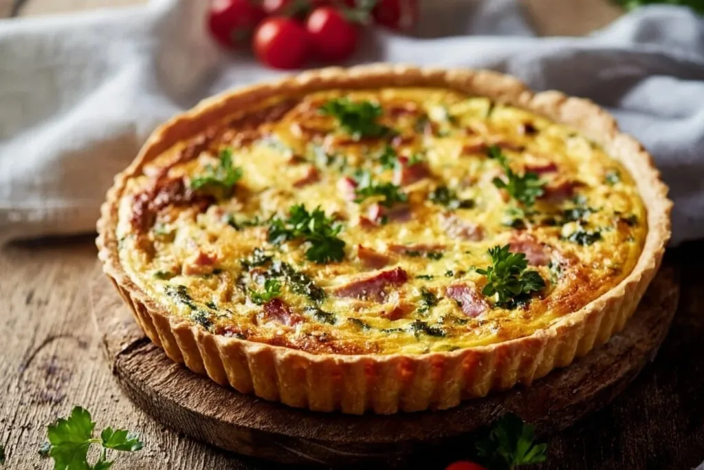 Deliciously baked easy breakfast quiche with colorful vegetables