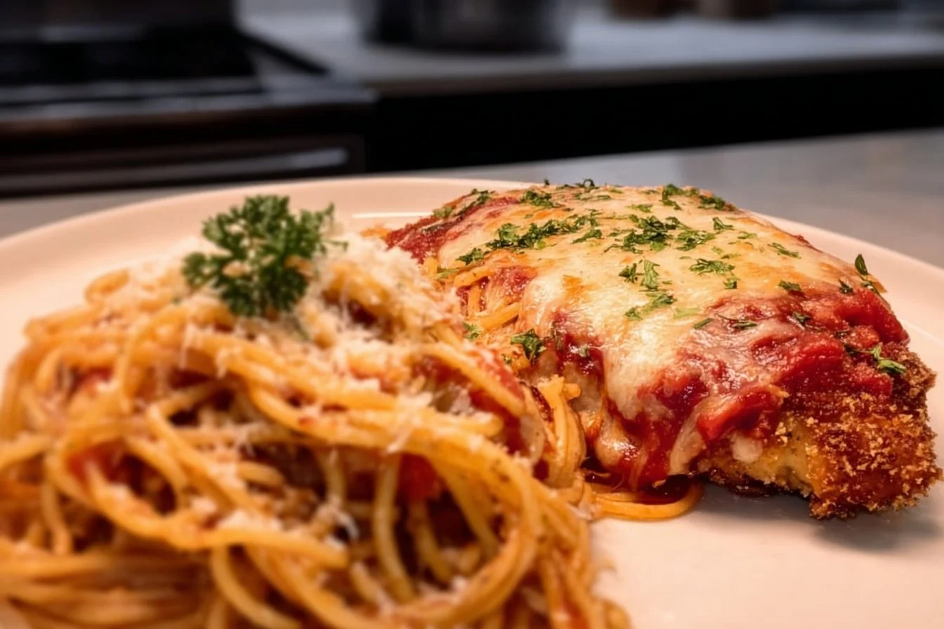 Plate of easy chicken parmesan with melted cheese and marinara sauce