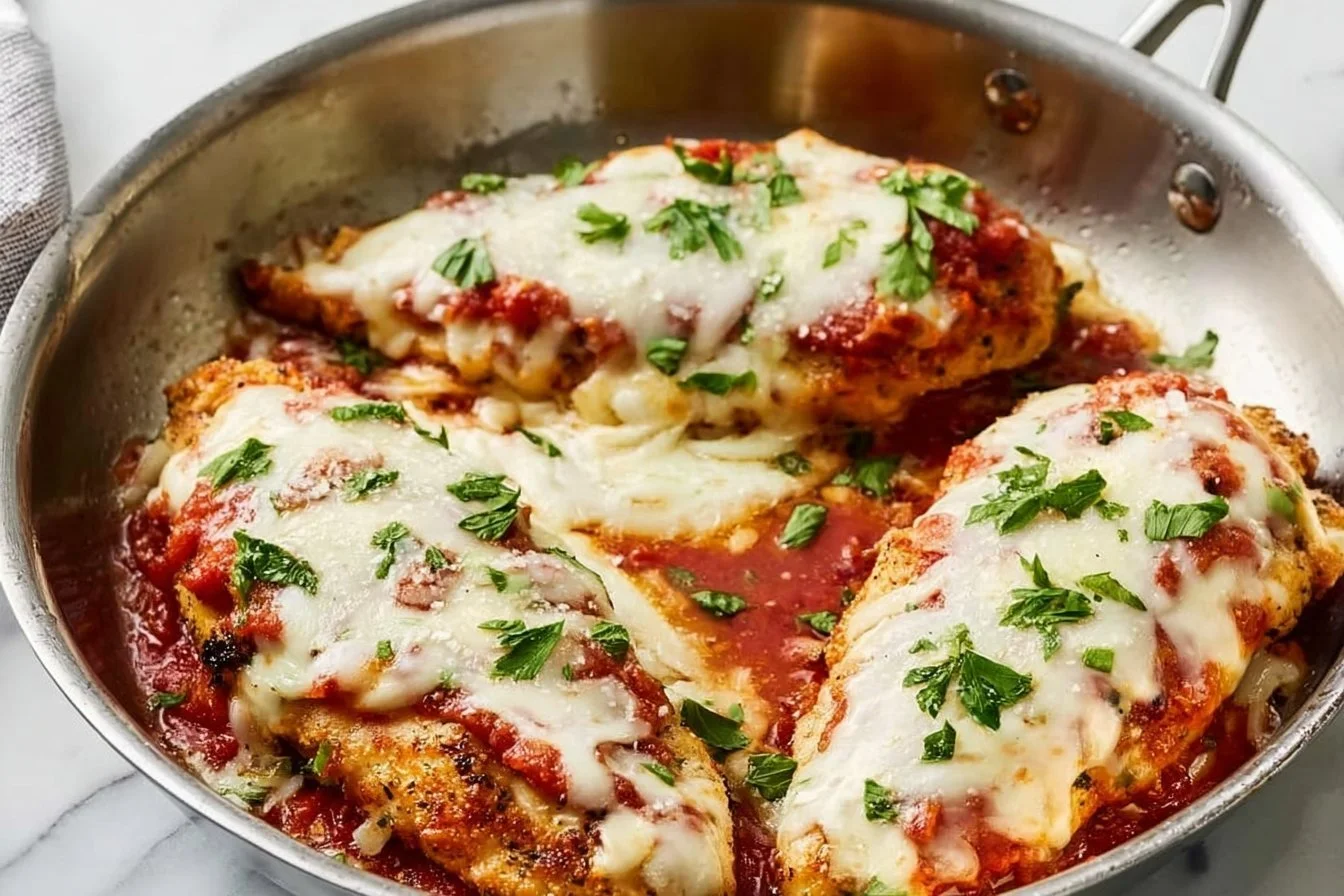 Plate of easy chicken parmesan with cheese and herbs on top.