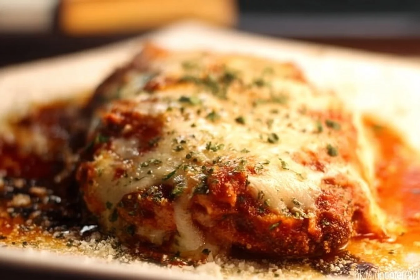 Delicious easy chicken parmesan served with pasta and fresh basil