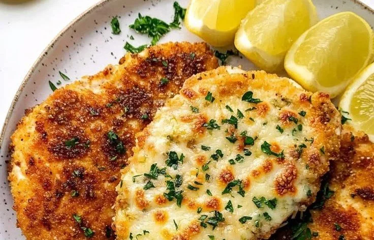 Easy Chicken Parmesan dish garnished with basil and served with spaghetti.