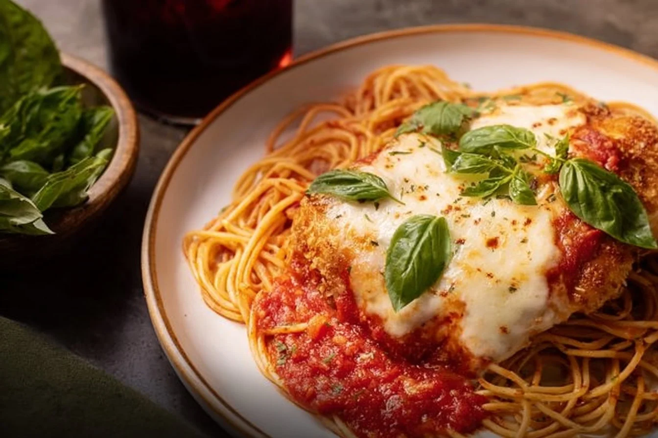 Plate of easy chicken parmesan with marinara sauce and spaghetti
