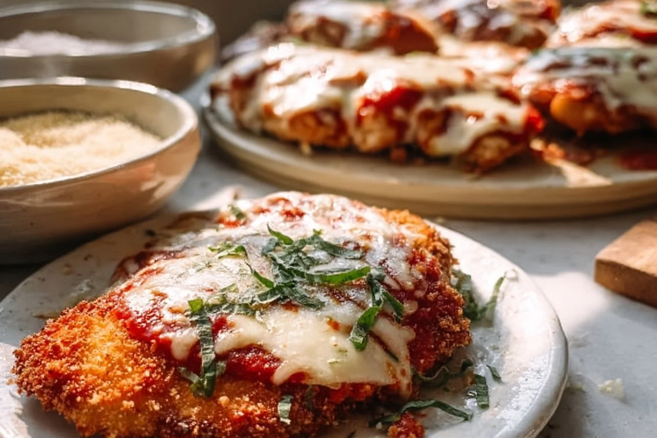 Easy Chicken Parmesan Recipe 4 Easy chicken parmesan dish with melted cheese and marinara sauce