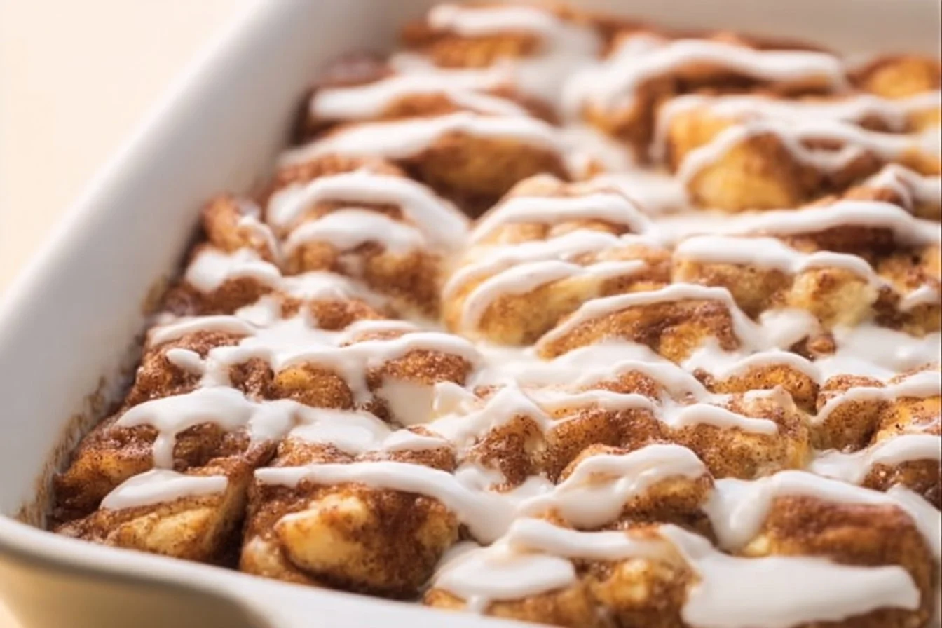 Easy Cinnamon Roll Casserole topped with icing and served on a plate.