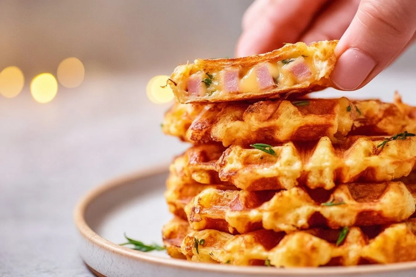 Easy Ham and Cheese Chaffles 4 Easy ham and cheese chaffles served on a plate with garnish