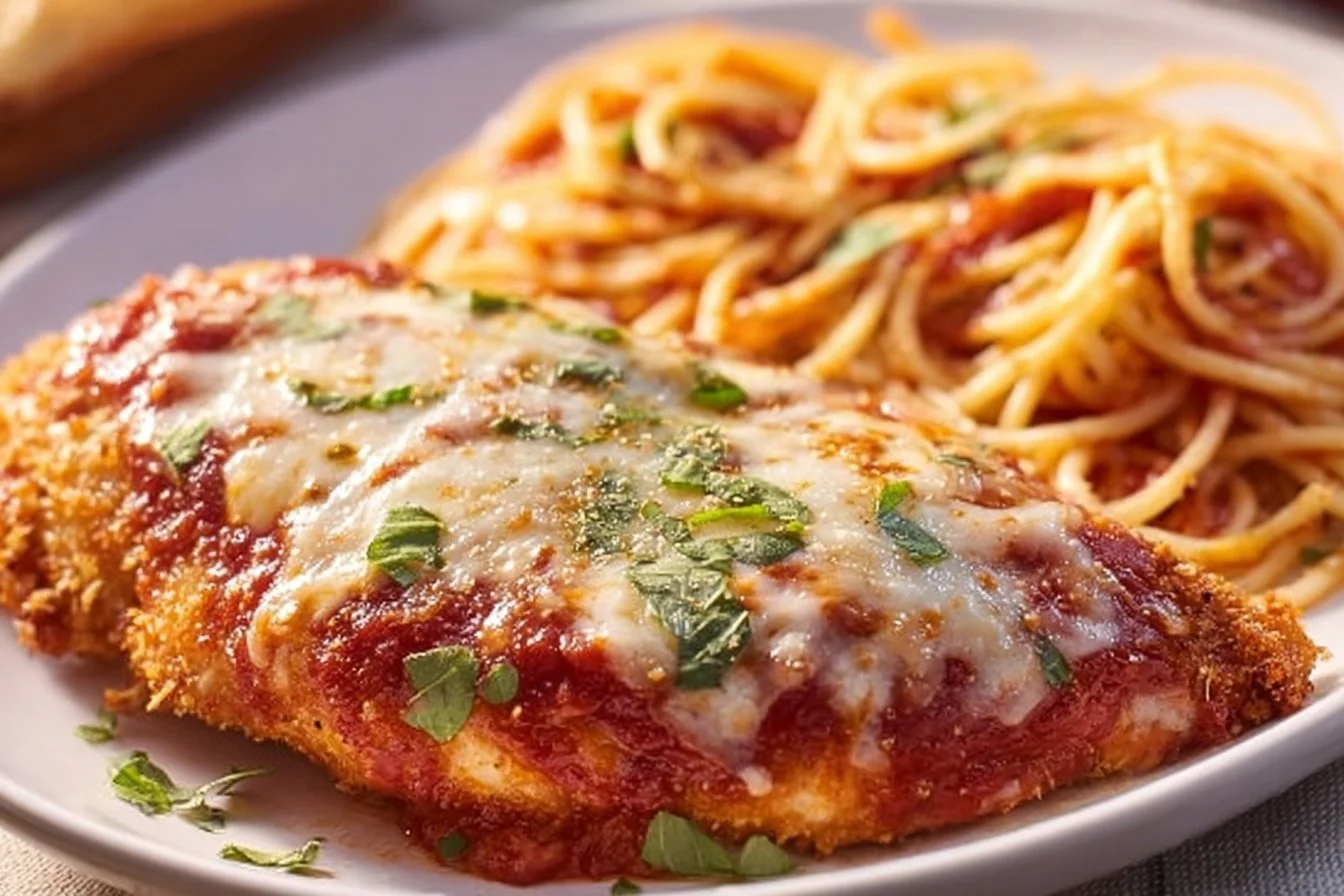 A deliciously baked chicken parmesan topped with melted cheese and marinara sauce