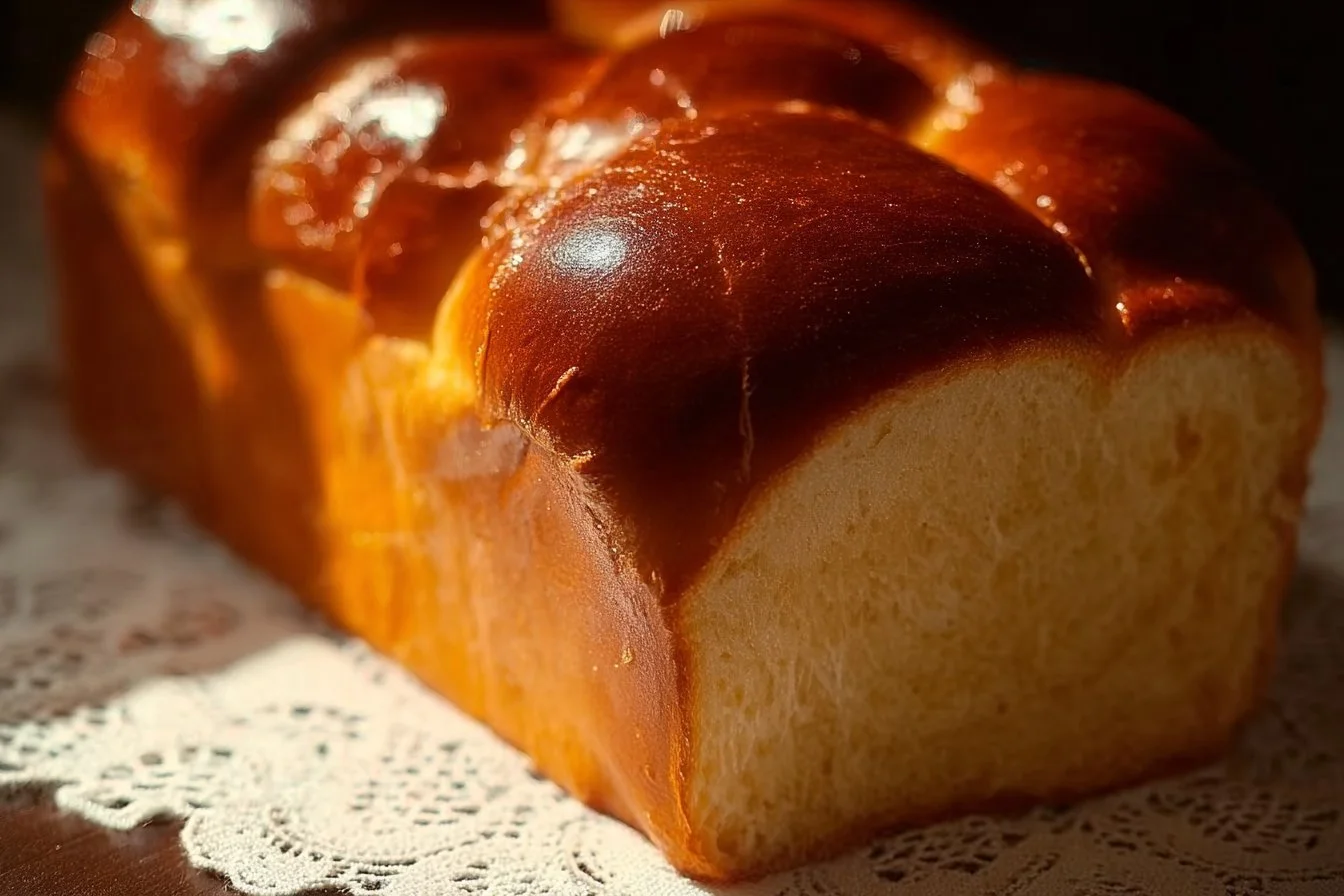 Loaf of sweet condensed milk bread on a wooden cutting board