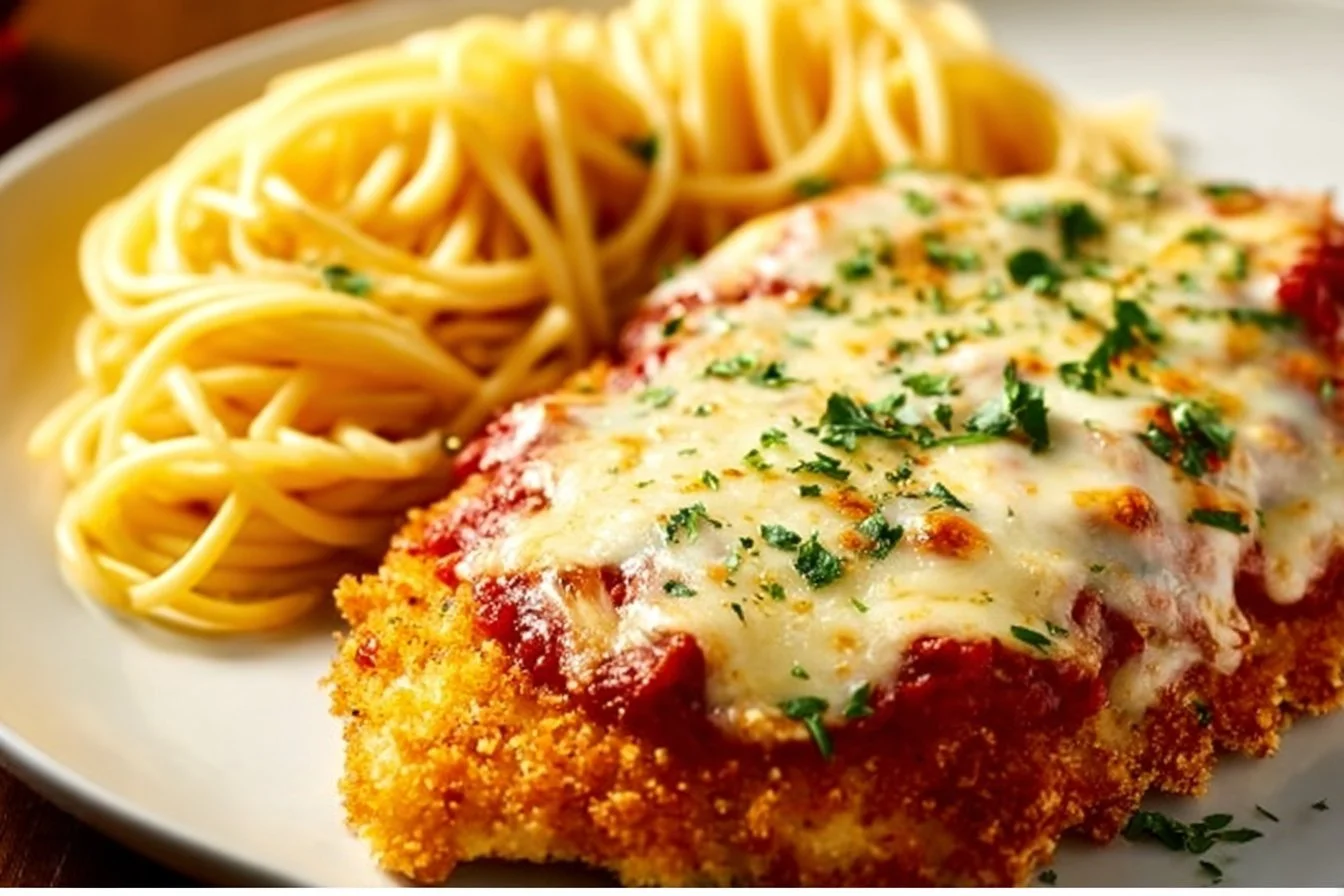 Easy weeknight chicken parmesan served with pasta and fresh basil